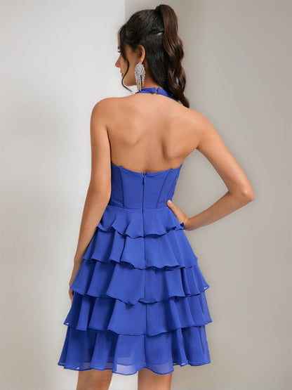 A-Line/Princess Halter Sleeveless Tiered Short Cocktail Dresses with Ruffles