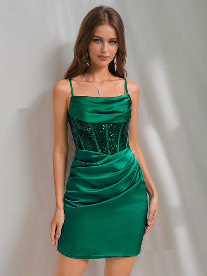 Sheath/Column Cowl Straps Sleeveless Ruched Short Cocktail Dresses with Sequins