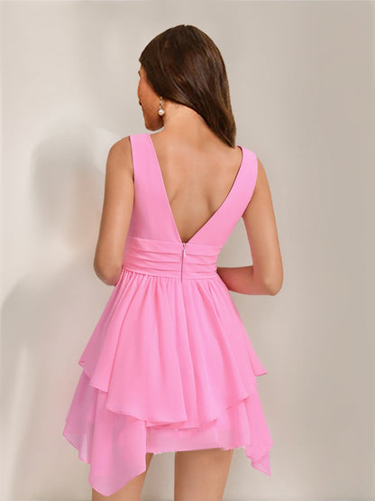A-Line/Princess V-Neck Pleated Asymmetrical Chiffon Short Cocktail Dresses