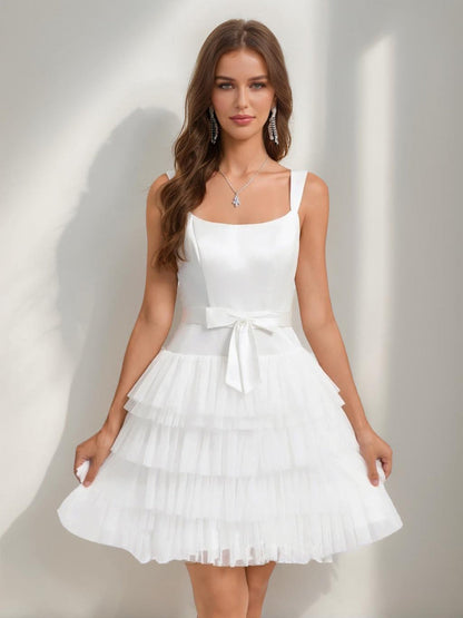 A-Line/Princess Square Sleeveless Tiered Short Cocktail Dresses with Bow