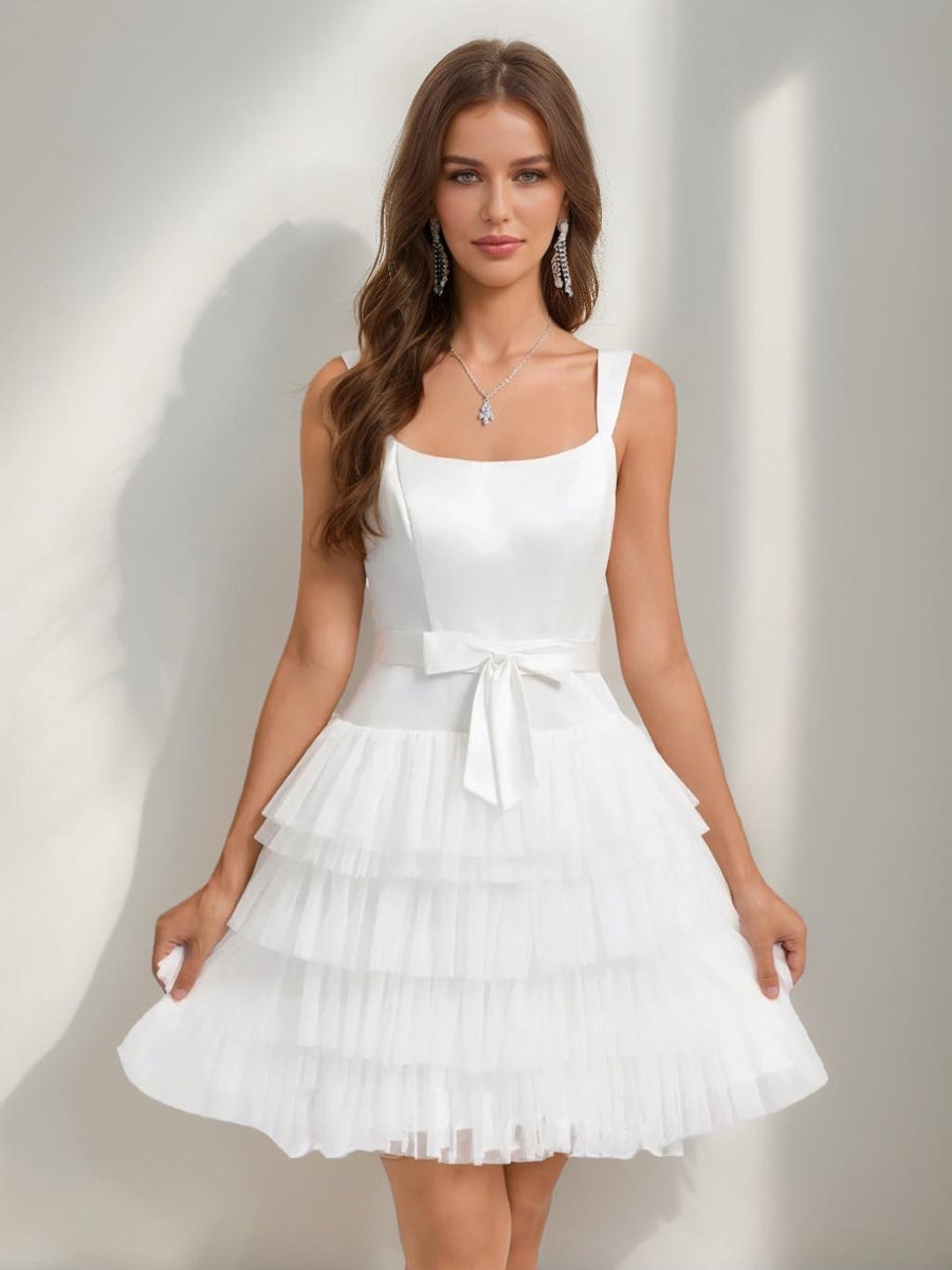 A-Line/Princess Square Sleeveless Tiered Short Cocktail Dresses with Bow