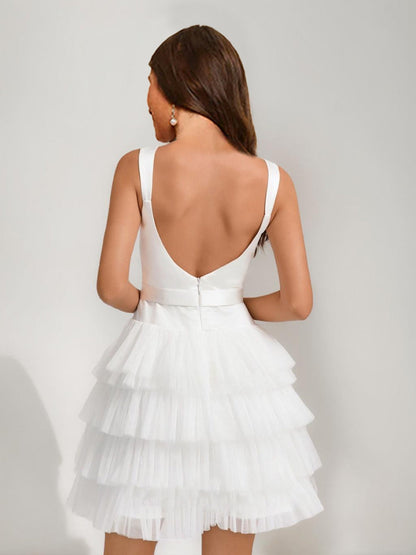 A-Line/Princess Square Sleeveless Tiered Short Cocktail Dresses with Bow