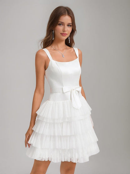 A-Line/Princess Square Sleeveless Tiered Short Cocktail Dresses with Bow