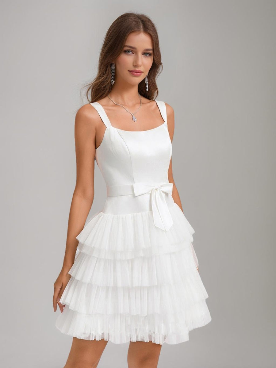 A-Line/Princess Square Sleeveless Tiered Short Cocktail Dresses with Bow