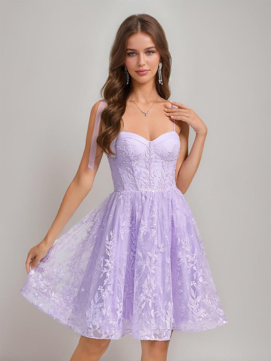 A-Line/Princess Sweetheart Sleeveless Sequined Short Cocktail Dresses with Bow & Appliques