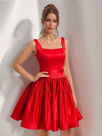 Ball Gown Square Neck Satin Short Cocktail Dresses with Pleats