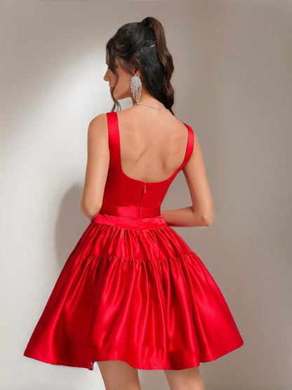 Ball Gown Square Neck Satin Short Cocktail Dresses with Pleats