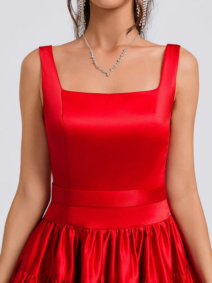 Ball Gown Square Neck Satin Short Cocktail Dresses with Pleats