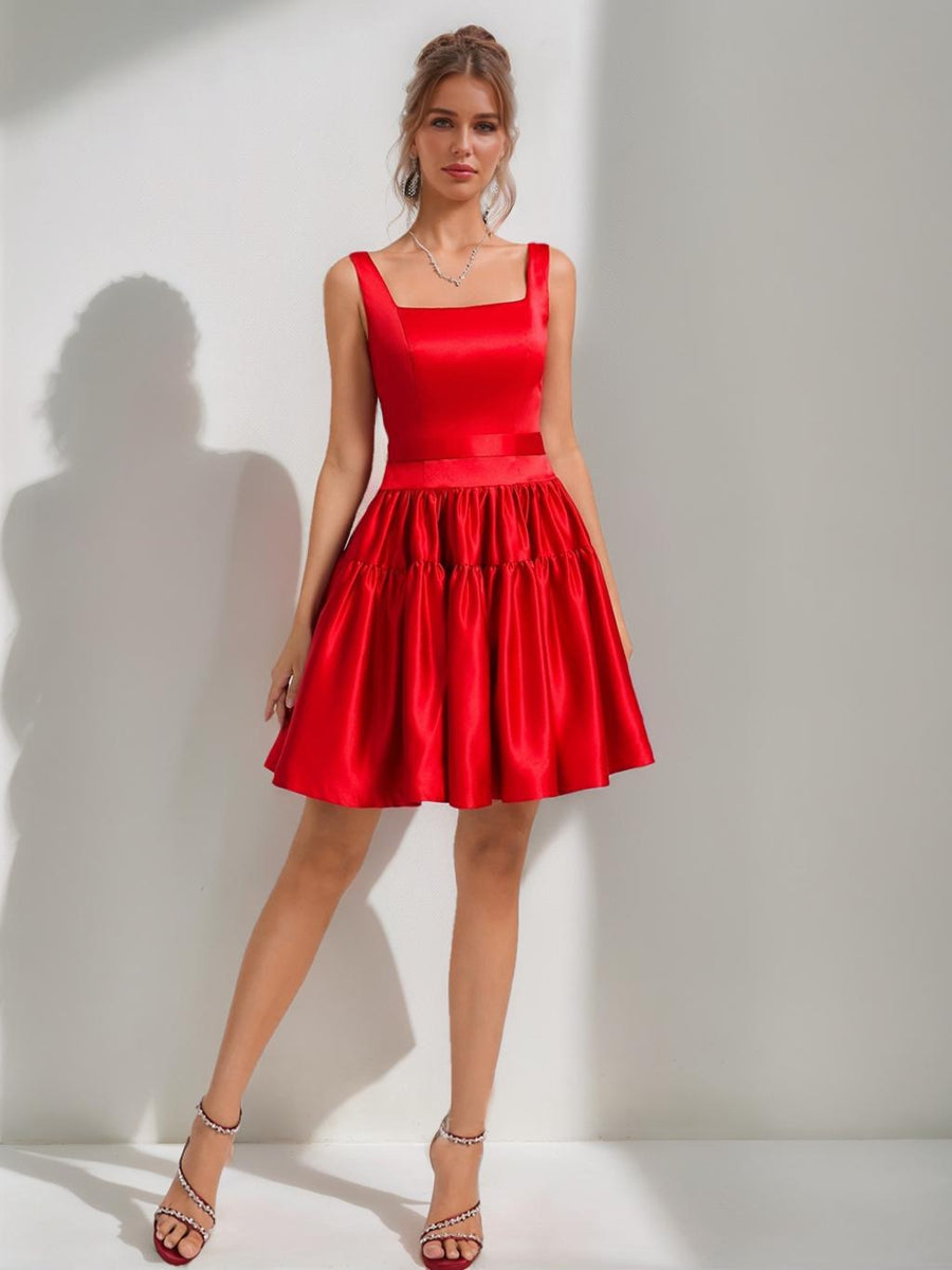 Ball Gown Square Neck Satin Short Cocktail Dresses with Pleats
