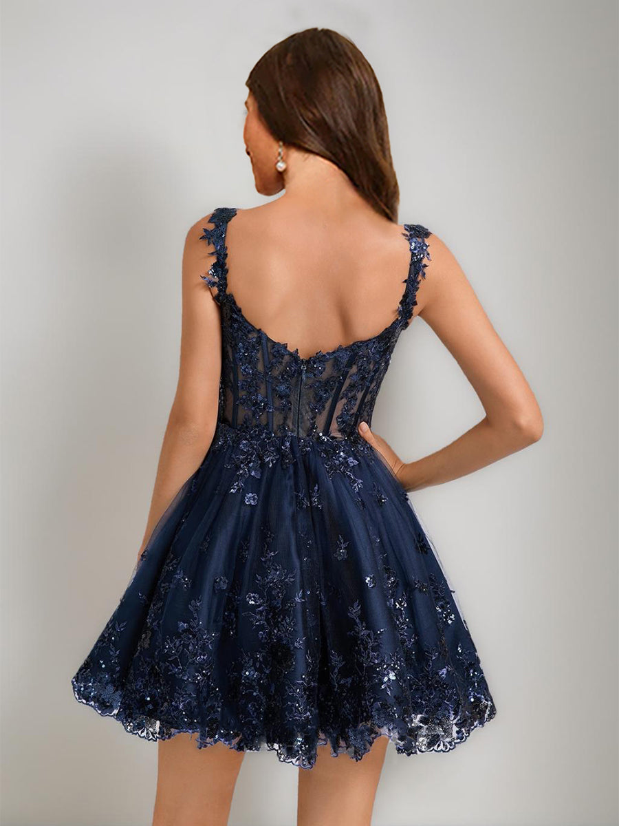 Ball Gown V-Neck Sequins Lace Tulle Short Cocktail Dresses