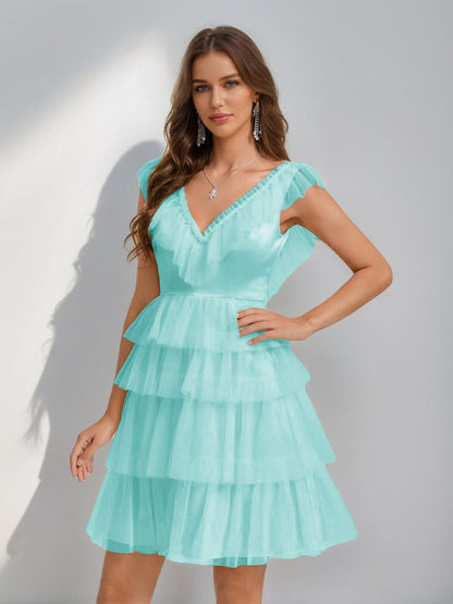 A-Line/Princess V-Neck Tulle Short/Mini Cocktail Dresses with Ruffles