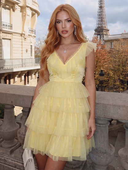 A-Line/Princess Sleeveless V-Neck Short/Mini Semi Formal Dresses With Ruffles