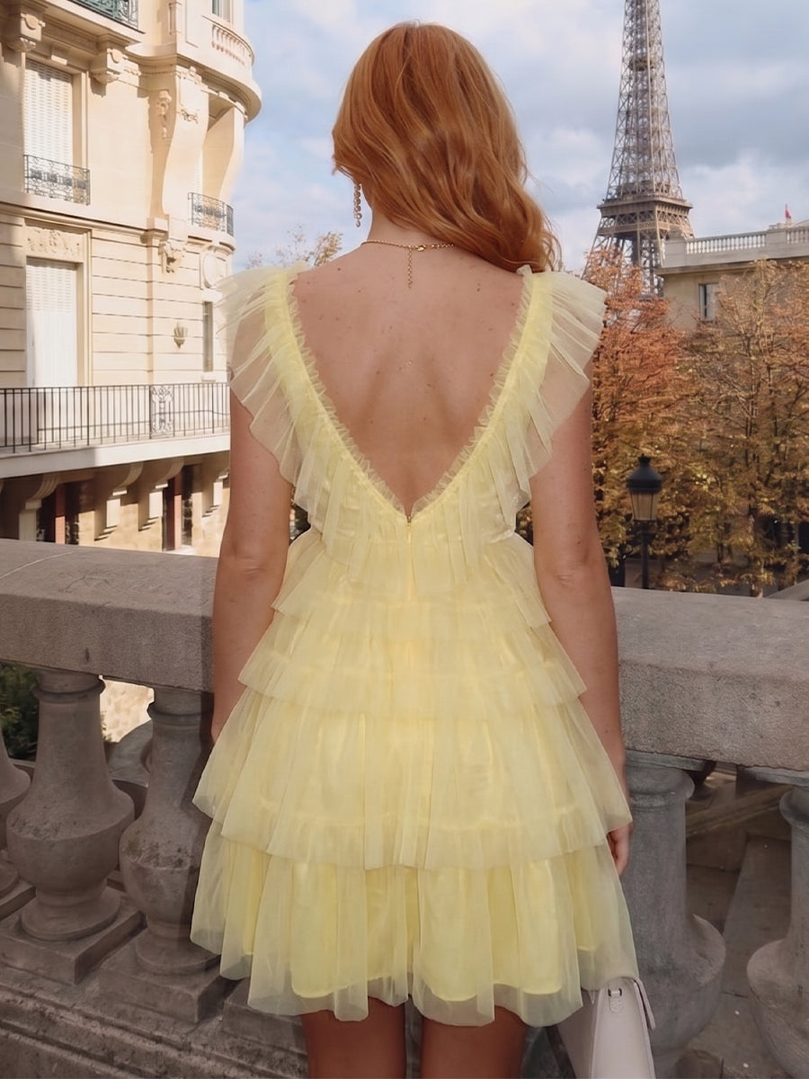 A-Line/Princess Sleeveless V-Neck Short/Mini Semi Formal Dresses With Ruffles