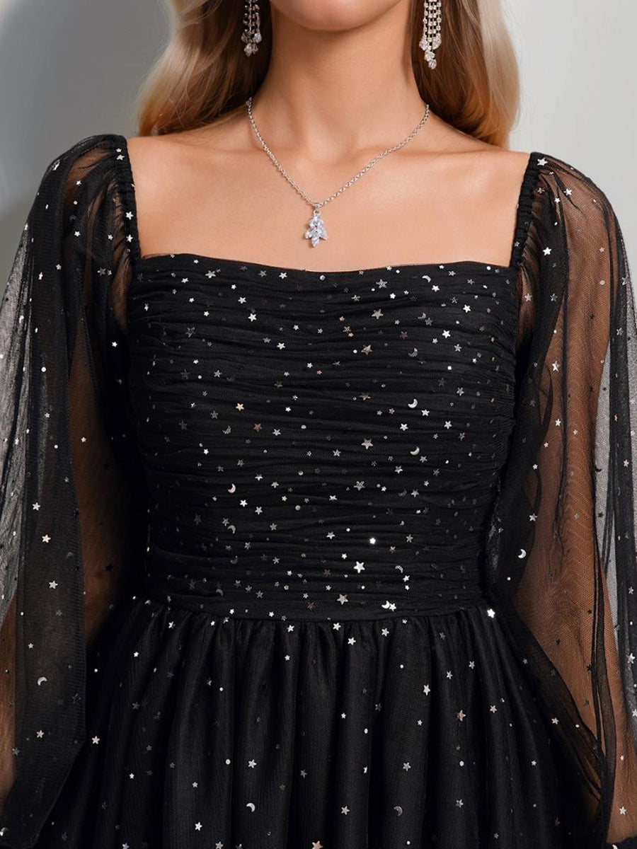 A-Line/Princess Square Long Sleeves Tulle Short Cocktail Dresses with Sequins