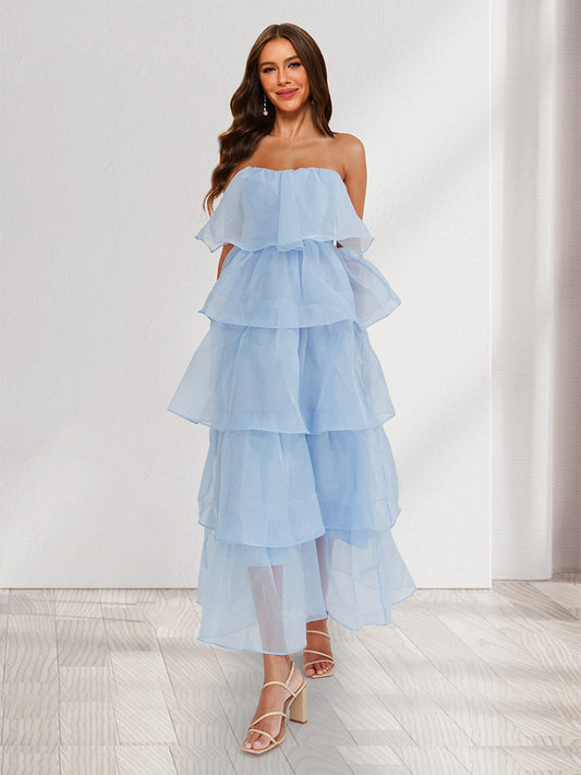 A-Line/Princess Strapless Organza Wedding Guest Dresses with Tiered Pleats