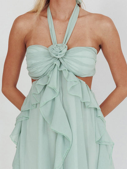 A-Line/Princess Halter Short/Mini Cocktail Dresses with Ruffles & Flower & Cut-out