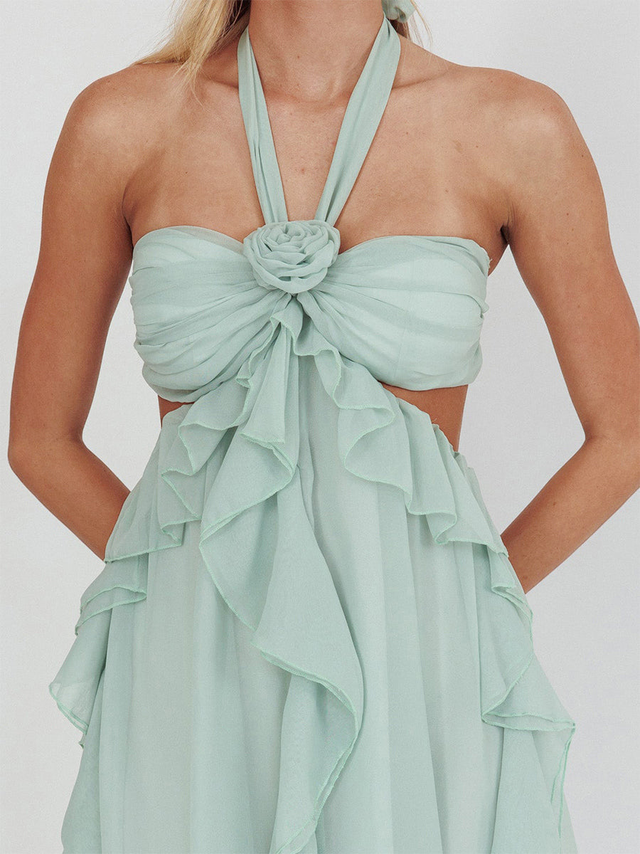 A-Line/Princess Halter Short/Mini Cocktail Dresses with Ruffles & Flower & Cut-out