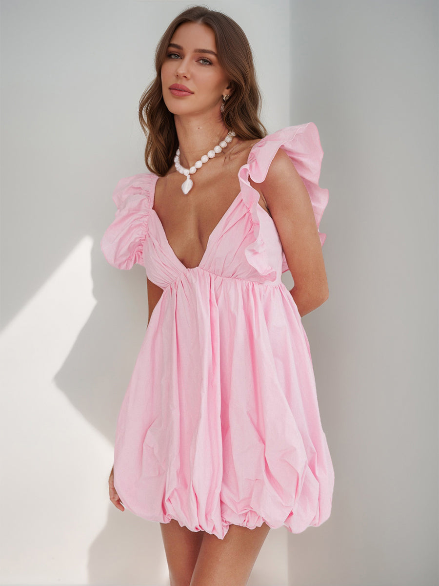 Ball Gown V-Neck Puff Sleeves Short/Mini Pleated Cocktail Dresses with Ruffles