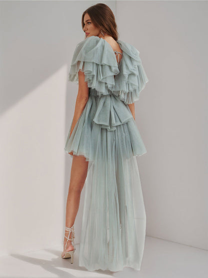 A-Line/Princess V-Neck Short Sleeves Cocktail Dresses with Ruffles & Watteau Train