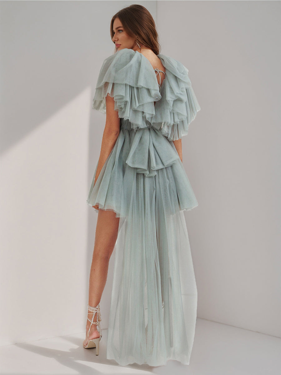 A-Line/Princess V-Neck Short Sleeves Cocktail Dresses with Ruffles & Watteau Train