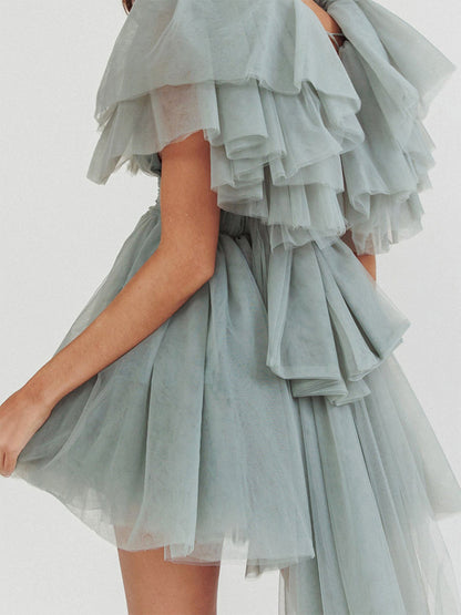 A-Line/Princess V-Neck Short Sleeves Semi Formal Dresses with Ruffles & Watteau Train