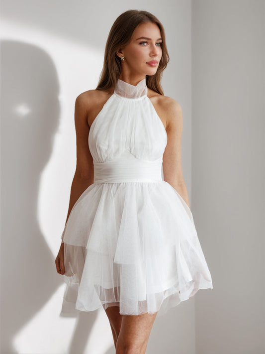 A-Line/Princess Halter Tulle Short/Mini Simple Cocktail Dresses with Pleats
