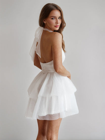 A-Line/Princess Halter Tulle Short/Mini Simple Cocktail Dresses with Pleats