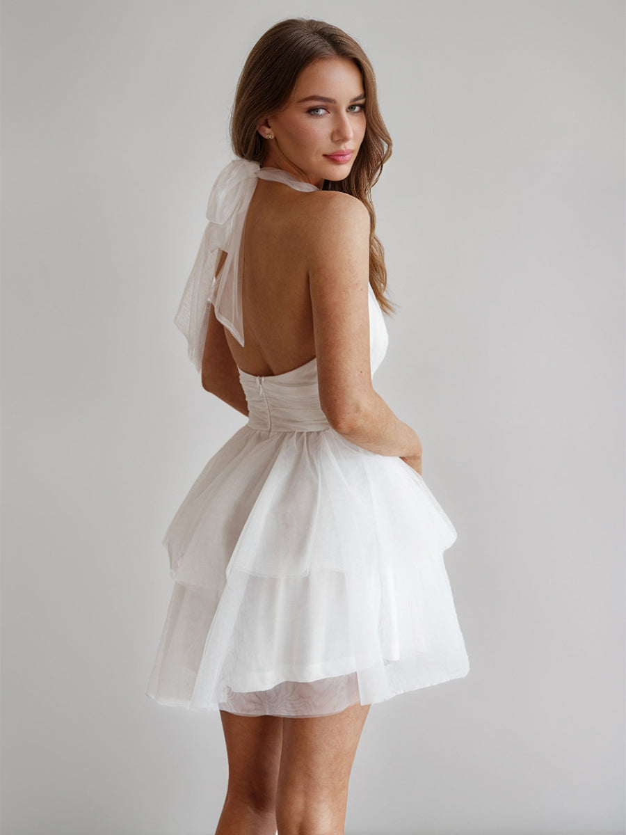 A-Line/Princess Halter Tulle Short/Mini Simple Cocktail Dresses with Pleats