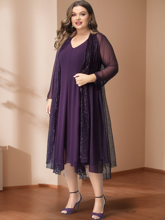 Sparkly Chiffon A-Line/Princess V-Neck Long Sleeves Tea-Length Mother of the Bride Dresses