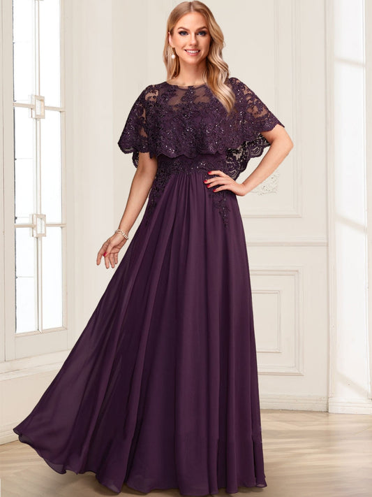 A-Line/Princess Illusion Scoop Short Sleeves Floor-Length Mother of the Bride Dresses with Sequins
