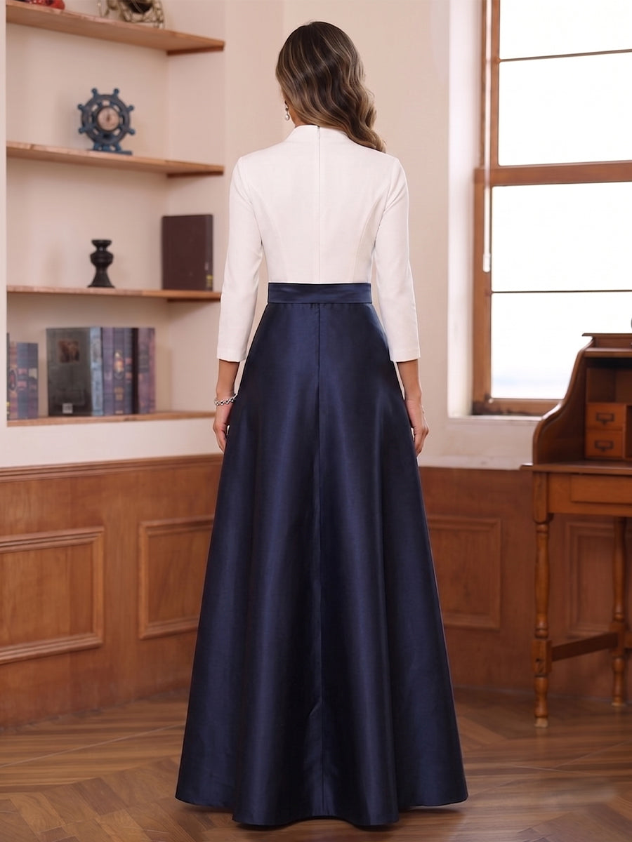A-Line/Princess Long Sleeves V-Neck Floor Length Mother of the Bride Dresses with Pockets & Bow