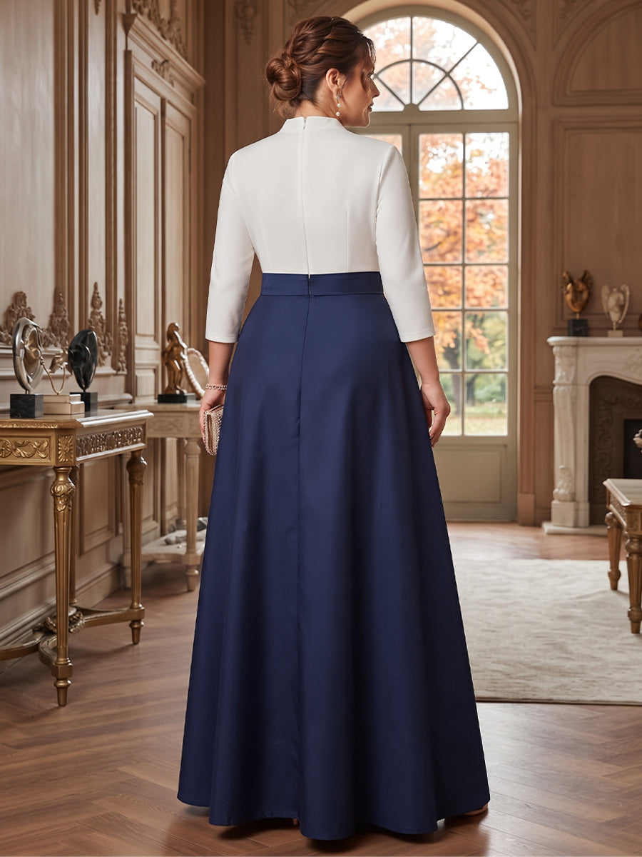 A-Line/Princess Long Sleeves V-Neck Floor Length Plus Size Mother of the Bride Dresses with Pockets & Bow