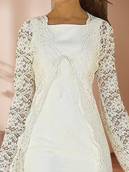 Two Piece Sheath/Column Square-Neck Long Sleeves Knee-Length Mother of the Bride Dresses with Lace