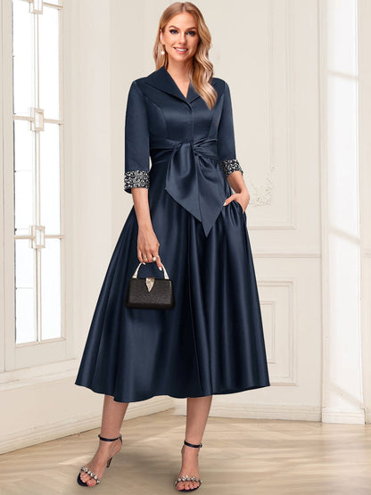 Satin A-Line/Princess Simple Shirt Collar 3/4 Length Sleeves Tea-Length Mother of the Bride Dresses with Sash & Beading
