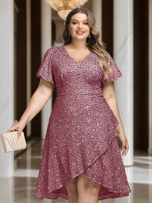 Plus Size A-Line/Princess V-Neck Short Sleeves Knee-Length Wedding Guest Dresses with Sequins & Ruffles