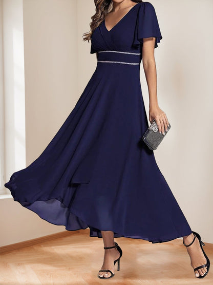 A-Line/Princess V-Neck Short Sleeves Floor-Length Chiffon Mother of the Bride Dresses