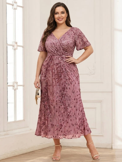 Trumpet/Mermaid V-Neck Short Ruffles Sleeves Tea-Length Mother of the Bride Dresses with Sequin Embroidery