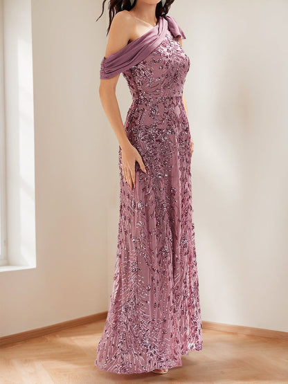 Trumpet/Mermaid Drop Shoulder Sleeves Floor-Length Mother of the Bride Dresses with Bow Detail & Sequin Embroidery