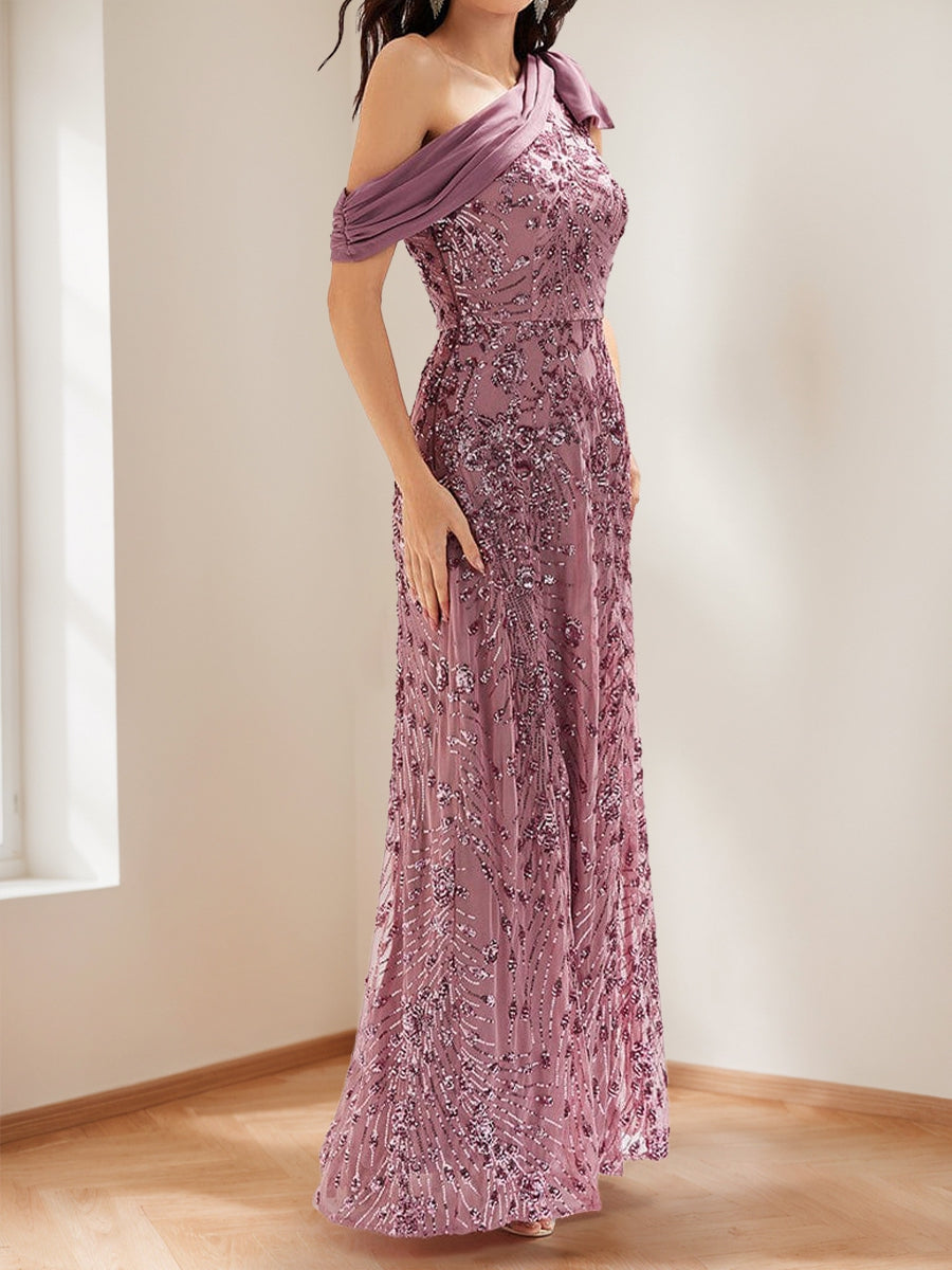 Trumpet/Mermaid Drop Shoulder Sleeves Floor-Length Mother of the Bride Dresses with Bow Detail & Sequin Embroidery