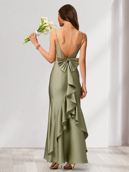 Trumpet/Mermaid Spaghetti Straps Sleeveless Floor-Length Bridesmaid Dresses with Bowknot & Ruffles
