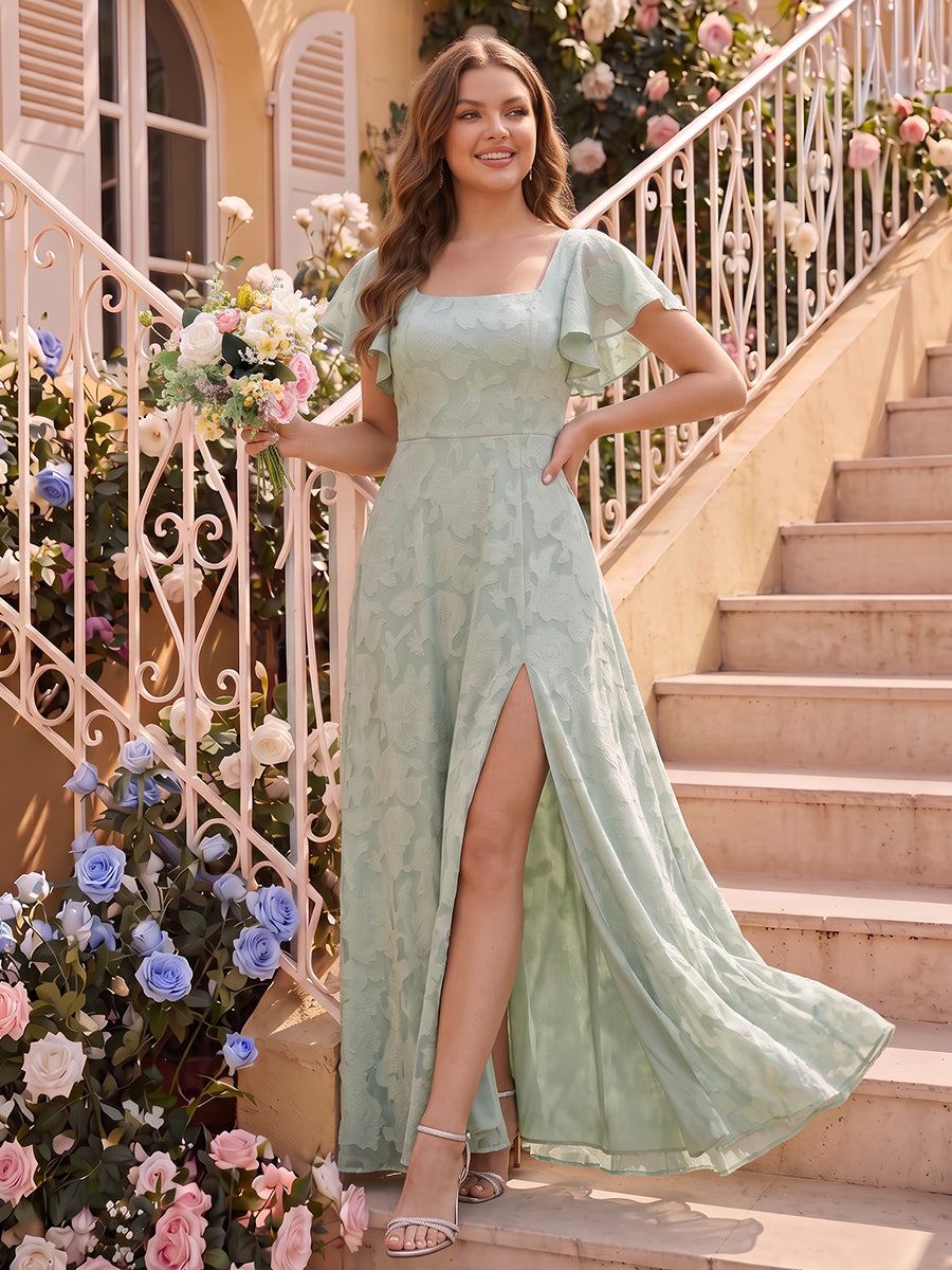 A-Line/Princess Square Neck Short Sleeves Chiffon Floor-Length Plus Size Bridesmaid Dresses with Split Side & Floral