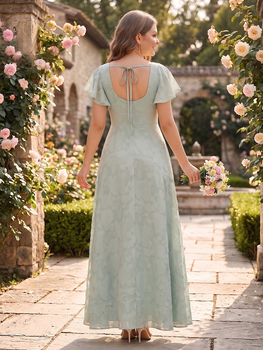 A-Line/Princess Square Neck Short Sleeves Chiffon Floor-Length Plus Size Bridesmaid Dresses with Split Side & Floral