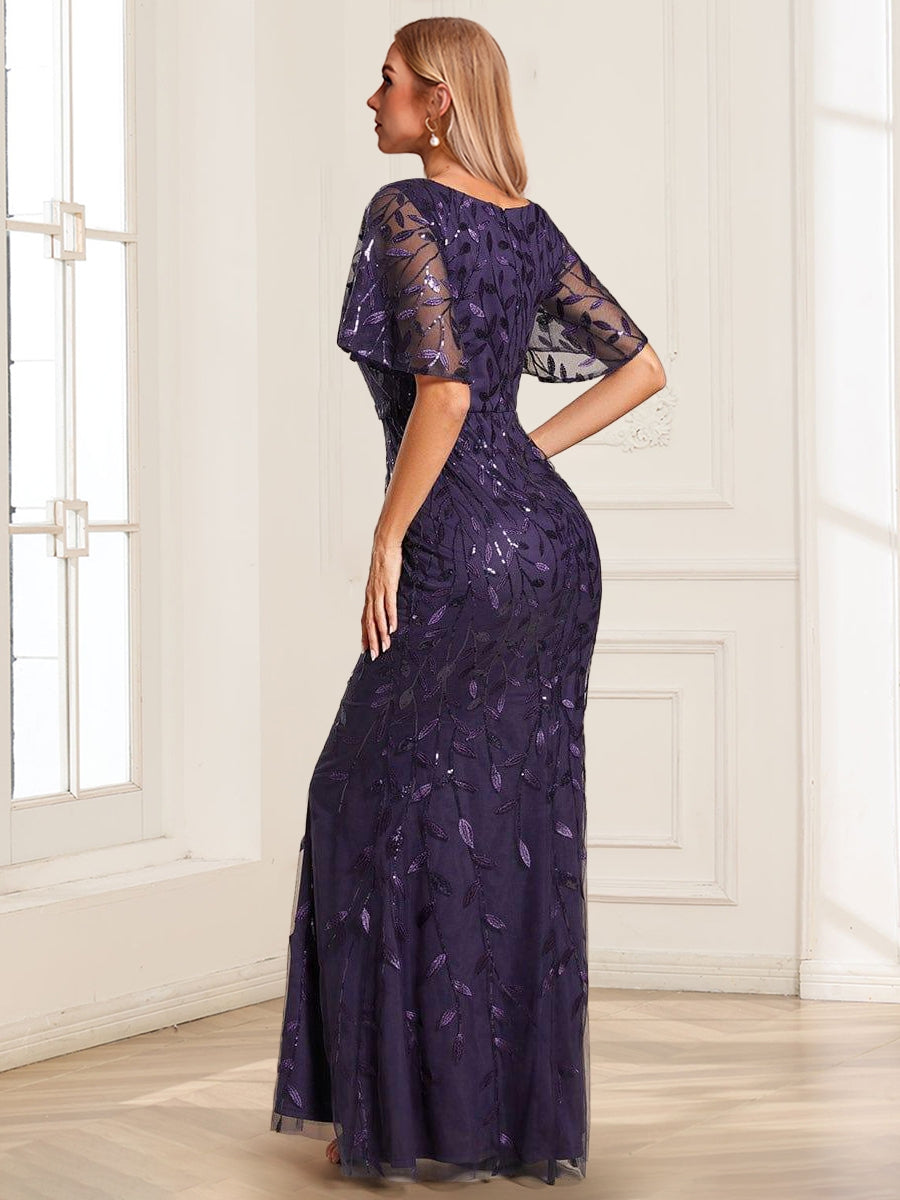 Gorgeous Trumpet/Mermaid V-Neck Short Ruffle Sleeves Floor-Length Mother of the Bride Dresses with Sequin Embroidery