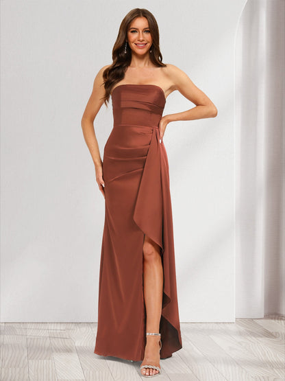 Trumpet/Mermaid Strapless Floor-Length Ruched Bridesmaid Dresses with Split Side
