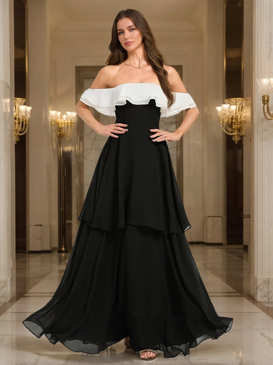 A-Line/Princess Off-the-Shoulder Floor-Length Chiffon Evening Dresses With Cascading Ruffles