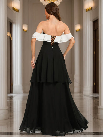 A-Line/Princess Off-the-Shoulder Floor-Length Chiffon Evening Dresses With Cascading Ruffles