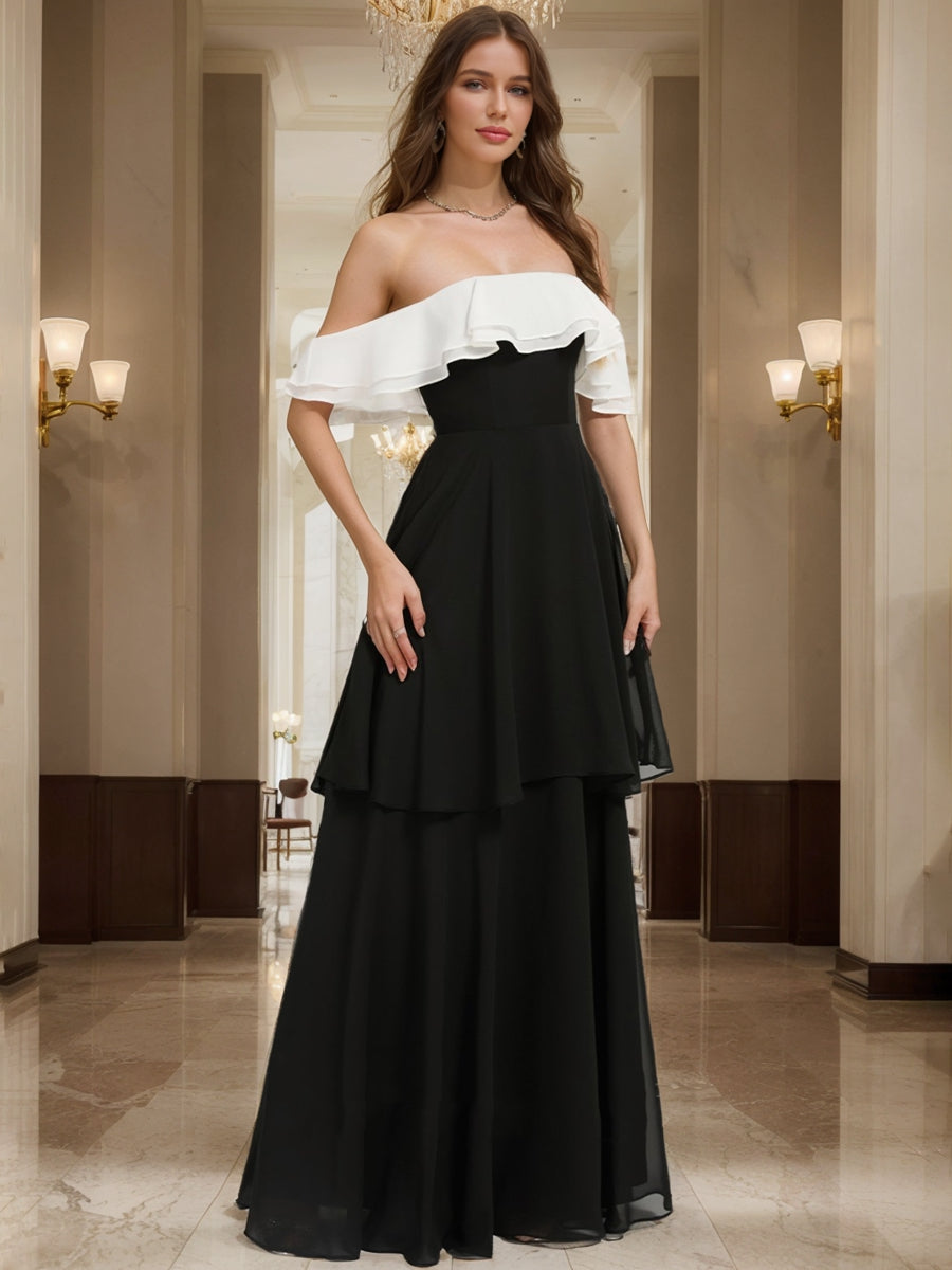 A-Line/Princess Off-the-Shoulder Floor-Length Chiffon Evening Dresses With Cascading Ruffles