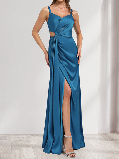 Satin A-Line/Princess V-Neck Sleeveless Floor-Length Ruched Bridesmaid Dresses With Split Side