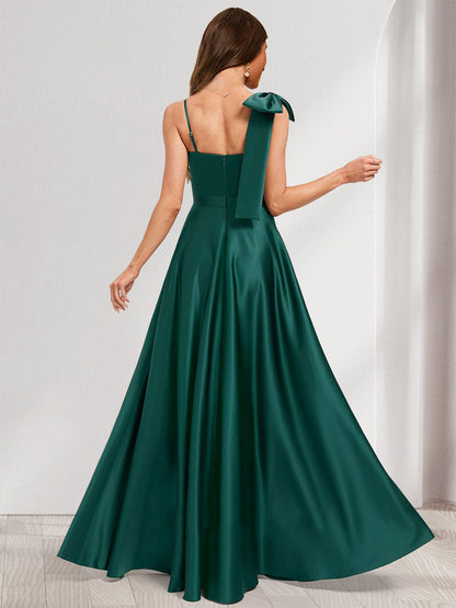 A-Line/Princess V-Neck Sleeveless Floor-Length Satin Bridesmaid Dresses With Split Side & Bowknot