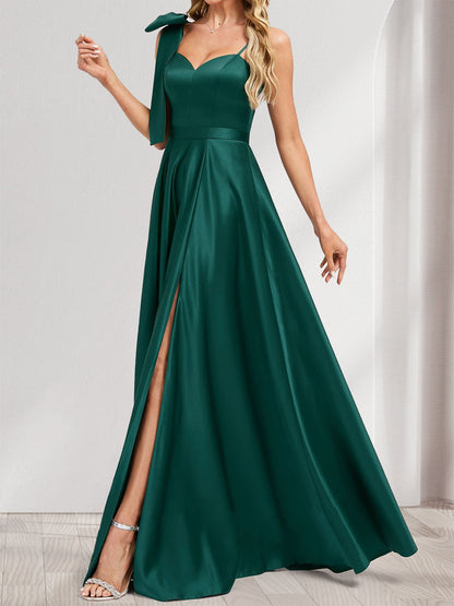 A-Line/Princess V-Neck Sleeveless Floor-Length Satin Bridesmaid Dresses With Split Side & Bowknot